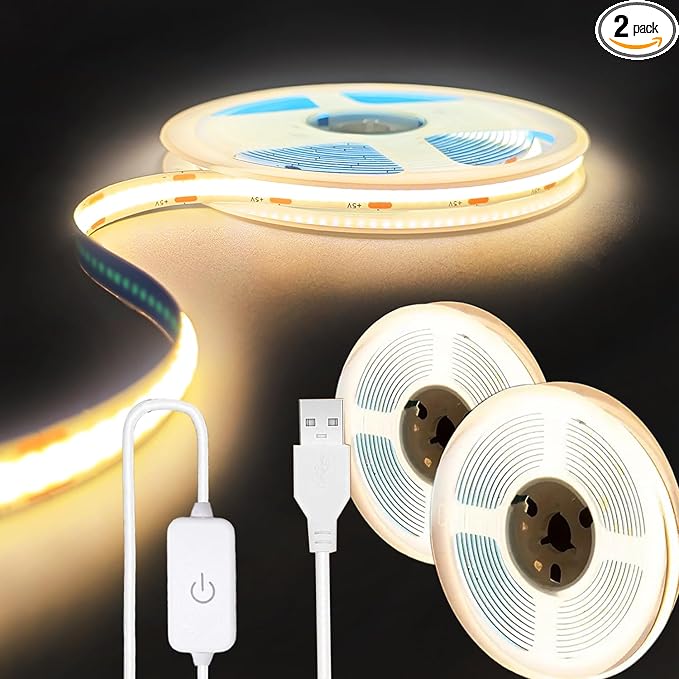 A 5V USB LED Light Strip, COB LED Strip Lights, Warm 5V LED Lights, Small LED Strip Light, TV Lights for TV Under Cabinet Kitchen Living Room Shelving or Displays (Warm 3.28FT x2)