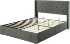 Allewie Full Size Lift Up Storage Bed, Button Tufted Headboard with Wingback, Hydraulic Support, No Box Spring Needed, Dark Grey