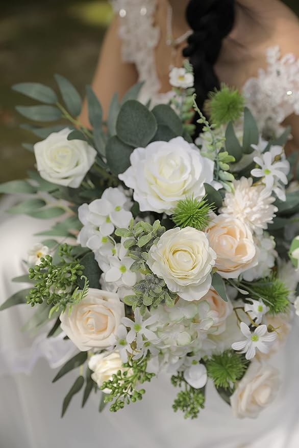 Artificial Flowers Combo Silk Mix Fake Flowers Leaf for DIY Wedding Bouquets Centerpieces Arrangements Party Baby Shower Home Decorations(Milk White)