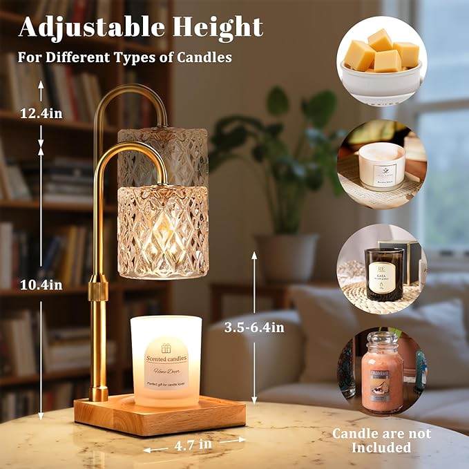 Hong-in Candle Warmer Lamp with Timer -Dimmable Adjustable Height Wax Melt Warmer for Jar Candles,Vintage Home Decor with Elegant Clear Glass,Birthday Gifts for Women, Mom, Friend, Sister