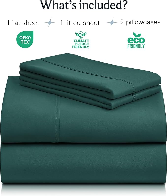 LuxClub 4 PC Queen Sheet Set, Deep Pockets Wrinkle Free Cooling Bed Sheets Hotel Bedding for Women, Men, Kids & Teens, Includes 1 Fitted Sheet, 1 Flat Sheet and 2 Pillowcases - Silky Soft Emerald