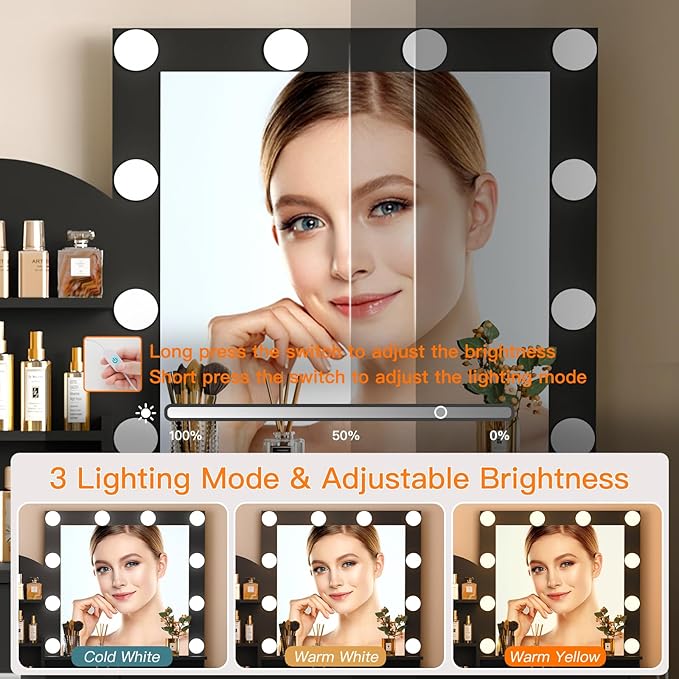 Quimoo Makeup Vanity with 10 Light Bulbs and Charging Station, Vanity Desk with Lighted Mirror & 4 Drawers, Vanity Table Set with Cushioned Stool,Black
