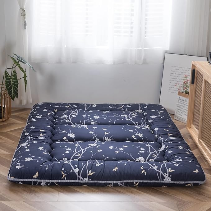 MAXYOYO Japanese Floor Mattress Navy Floral Printed Futon Mattress Foldable Floor Bed Roll Up Camping Mattress Floor Lounger Queen Size Bed Mattress
