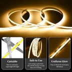 iNextStation COB LED Strip Light Warm White 3000K 16.4ft/5M DC12V CRI 93+ Flexible LED Tape Lights 8mm for Bedroom, Kitchen, TV Backlight, Cabinet, Stage, Home DIY Lighting Decor(No Plug)