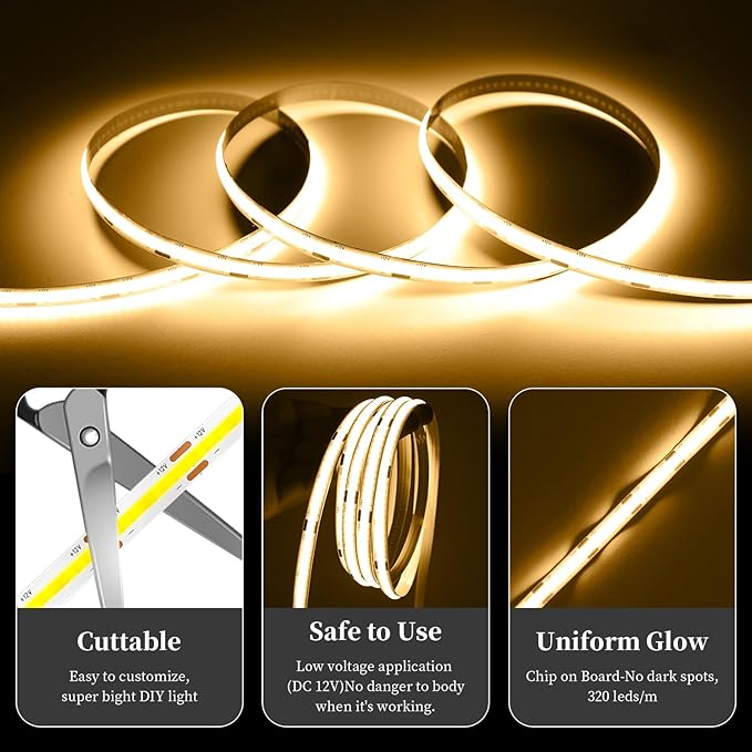 iNextStation COB LED Strip Light Warm White 3000K 16.4FT 5M, DC12V CRI 93+ Dimmable Flexible LED Tape Lights for Bedroom, Kitchen, TV Backlight, Cupboard, Wardrobe, Home Lighting Decor