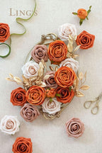 Ling's moment Artificial Flowers Fake Silk Roses Faux Foam Flower Combo for DIY Wedding Bouquets Centerpieces Arrangements Bridal Shower Party Home Decorations, Orange & Dusty Rose, 21pcs