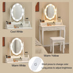 Giantex Makeup Vanity Table with 10 LED Lights, Adjustable Brightness, 3 Color Light Modes, 4 Drawers, Rotatable Mirror, Cushioned Stool, Vanity Desk Dressing Table Bedroom Furniture (White)