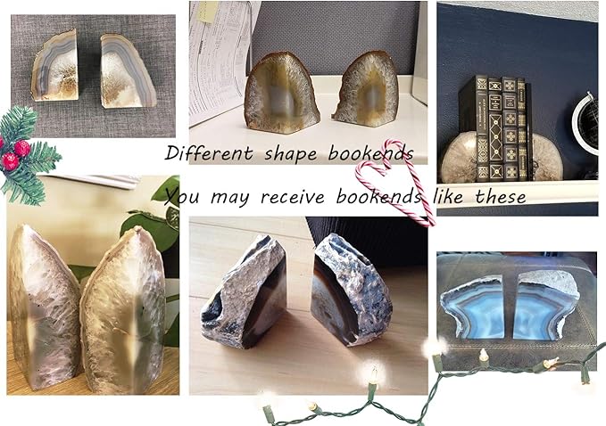 AMOYSTONE Geode Bookends Agate Shelve Decor Crystal Book Ends for Heavy Books Nature Brown with Rubber Bumper(1 Pair, 3-4 LBS)