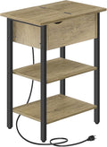 HOOBRO End Table with Charging Station, Narrow Side Table, Flip Top Nightstand with USB Ports and Outlets, Bedside Tables with Shelf for Small Spaces, Living Room, Sunwashed Ash Oak BHH341BZ01