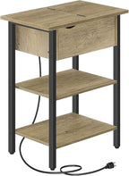 HOOBRO End Table with Charging Station, Narrow Side Table, Flip Top Nightstand with USB Ports and Outlets, Bedside Tables with Shelf for Small Spaces, Living Room, Sunwashed Ash Oak BHH341BZ01