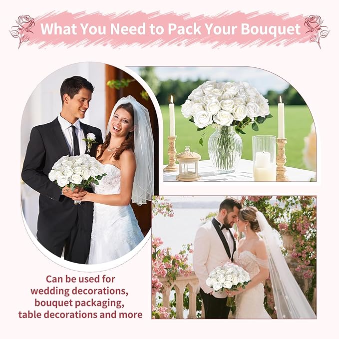 52 PCS White Artificial Roses Bulk, Fake Artificial Flowers Bridal Bouquet Silk Faux Rose with Stems for Wedding Flowers Decoration, Valentine's Day, Bridal Bouquet, Anniversary, Home Decor (52PCS)