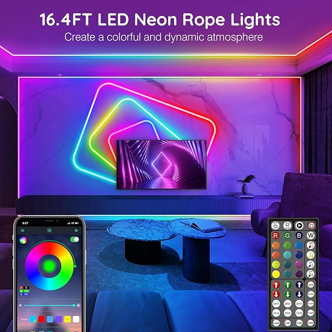AILBTON 16.4Ft Neon Rope Lights,Flexible Led Rope Lights Control with App/Remote,Multiple Modes Rope Lights,IP65 Outdoor RGB Led Neons Lights,Music Sync Gaming Led Neon Light Strip for Bedroom Decor