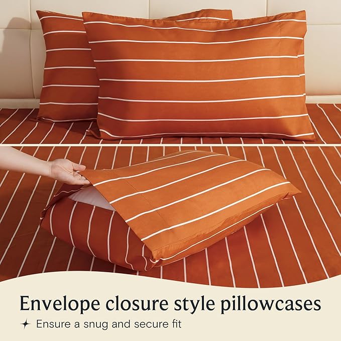 LuxClub 3 PC Sheet Set Bed Sheets Deep Pockets 16" Wrinkle Free Cooling Machine Washable Hotel Bedding Silky Soft - Striped-Autumn Orange Twin