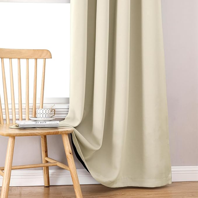 ChrisDowa 100% Blackout Curtains 102 inch Long for Bedroom with Black Liner, 2 Thick Layers Total Blackout Thermal Insulated Grommet Window Curtains 2 Panels Set (Light Beige, 52 x 102 Inch)