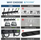 TICONN Wall Mounted Coat Rack, Five Heavy Duty Tri Hooks All Metal Construction for Jacket Coat Hat in Mudroom Entryway (Matte Black, 2-Pack)