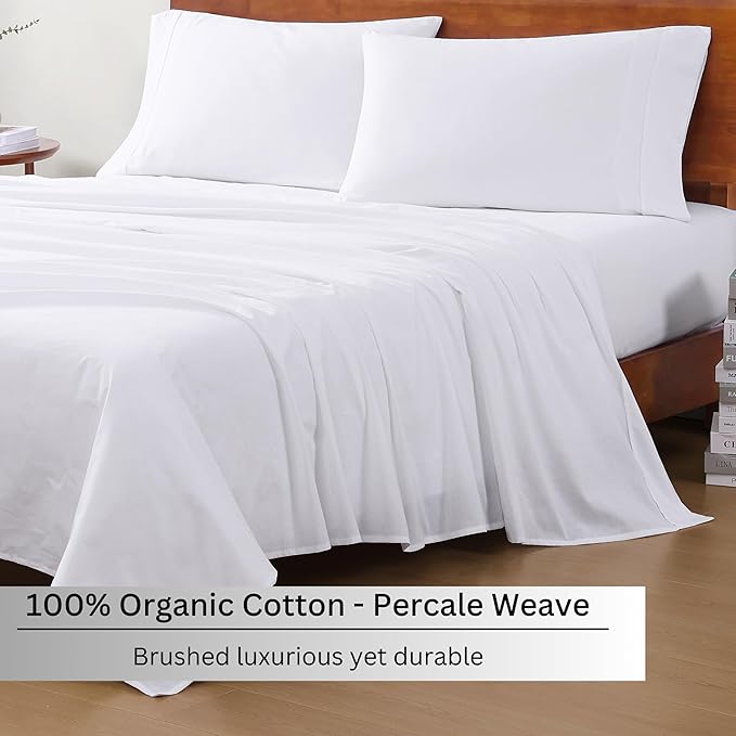 LANE LINEN 100% Organic Cotton Queen Sheets, 8Pc Queen Bed Sheets, Soft & Breathable Queen Size, Crisp Percale Weave, Hotel-Quality Bedding Sheet & Pillowcases - White (2 Pack)