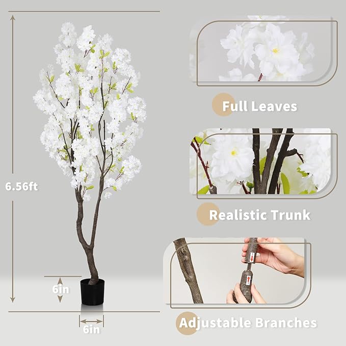 6.56ft White Artificial Cherry Blossom Tree Indoor Decor,Nearly Nature Silk Flower Fake Tree Tall,Realistic Outdoor Faux Cherry Plant Wishing Tree Front Door Handmade for Office Living Room Decor