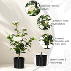 Artificial Camellia Tree 2 Pack, Artificial Plants Outdoor Faux Floral Plant in Cement Pot Fake Silk Camellia Tree Plants for Home House Living Room Office Decor