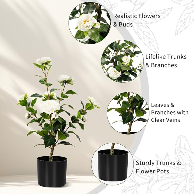 Artificial Camellia Tree 2 Pack, Artificial Plants Outdoor Faux Floral Plant in Cement Pot Fake Silk Camellia Tree Plants for Home House Living Room Office Decor