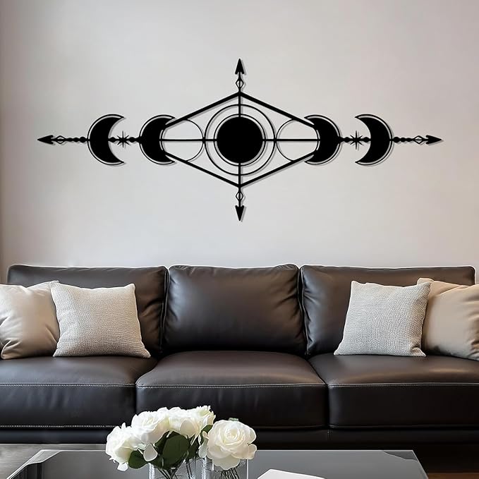 Hfrolixit Moon Phase Metal Wall Decor, Boho Moon Metal Wall Art, Celestial Wall Decor, Scandinavian Natural Wall Art, Astrology Wall Hanging (White, 48"x19"/121x49cm)