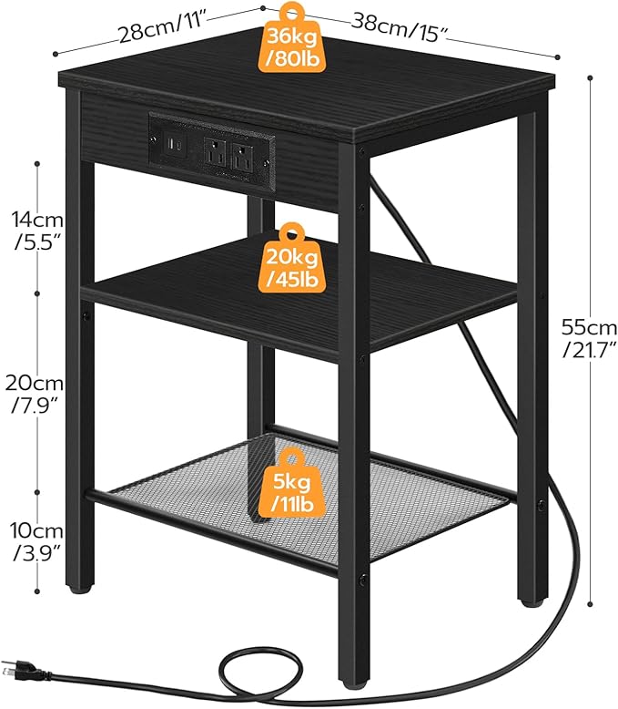 HOOBRO End Table with Charging Station and USB Port, 3-Tier Nightstand with Adjustable Shelf, Small Side Table for Small Space in Living Room, Bedroom and Balcony, Black BB112BZ01