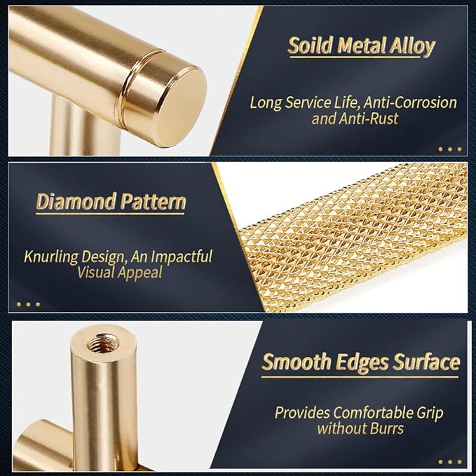 Knurled Cabinet Pulls 2 Pack, 5 Inch Long Cabinet Handles Metal Door Pulls, Kitchen Drawer Pull Knurled Dresser Handles - 3 3/4" Hole to Hole, Golden