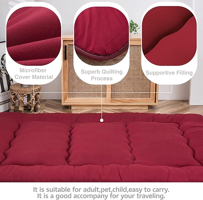 MAXYOYO Japanese Floor Mattress Futon Mattress, Thicken Sleeping Pad Foldable Roll Up Floor Futon for Adults Tatami Mat Dormitory Bed Lounger, Burgundy, Full Size