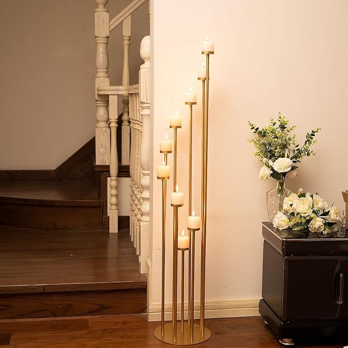 2pcs 9 Arm Candelabra,Floor Candle Holders Tall Set for Wedding Aisle Decoration,Gold Candelabras for Fireplace,Candle Stand Fit for Flameless or Wax