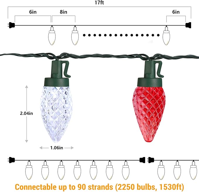 Brizled Red & White String Lights, 25 LED C9 Christmas Lights, Connectable Xmas Tree Light, Waterproof Strawberry String Light for Indoor Outside Tree Roof Garden Patio Pathway