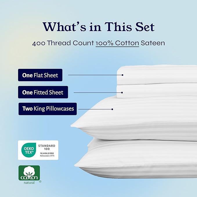 California Design Den Striped King Size Sheets Set - Soft 400 Thread Count Sateen, Natural 100% Cotton Sheets with Deep Pockets, Cooling and Durable Bedding Set - Striped White