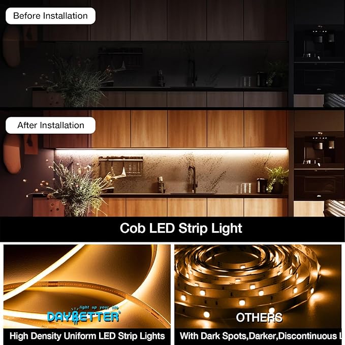 COB LED Strip Lights, Tunable White 2700K-6500K COB Light Strip with RF Remote, 3040 LEDs, CRI90+, 24V Adapter, Dimmable High Density Uniform LED Lights for Bedroom, Kitchen, Cabinet, 16.4ft