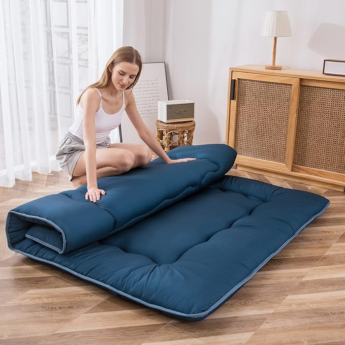 MAXYOYO Japanese Floor Mattress Futon Mattress, Thicken Sleeping Pad Foldable Roll Up Floor Futon for Adults Tatami Mat Dormitory Bed Lounger, Bluestone, Twin Size