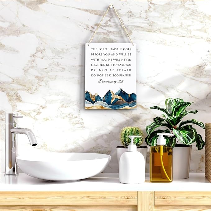 BELLOWDEER Inspirational Decor Deuteronomy 31:8 Christian Gifts Bible Verse Wall Art Scripture Wooden Hanging Sign for Modern Home Office Bathroom Bedroom Wall Art Decoration 8 x 10 Inches
