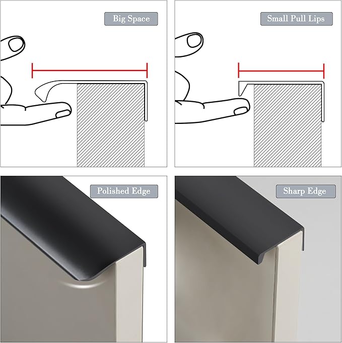 JOOJA 5 Pack Modern Style Finger Edge Pull Furniture Drawer Handles Hidden Cabinet Kitchen Drawer Handles Knobs, Black 200(160) mm