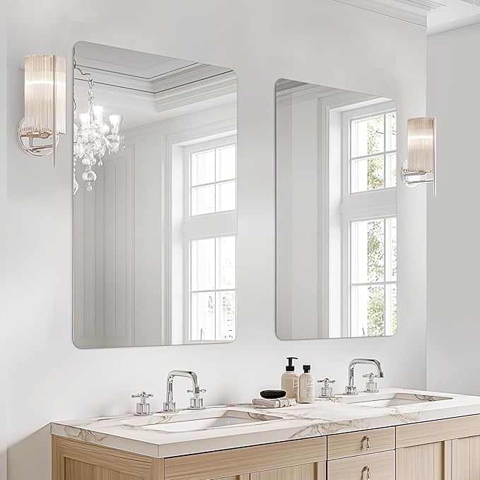USHOWER 2-Pack Frameless Bathroom Mirrors for Over Sink, 24x36 Inch Rectangular Bathroom Mirrors with Rounded Corner, Shatterproof Mirror for Vanity, Bedroom, Entryway Upgraded & Remodel