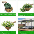 Artificial Hanging Flowers Basket, 12 UV-Resistant Bundles of Realistic Fake Flowers, Faux Plants for Outdoor Decor, Home, Garden, Porch, Patio, Spring & Summer Decorations, White