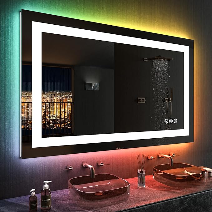 LOAAO 48"X30" LED Bathroom Mirror with Lights, Anti-Fog, Dimmable, RGB Backlit + Front Lighted, Bathroom Vanity Mirror for Wall, Memory Function, Waterproof, Tempered Glass