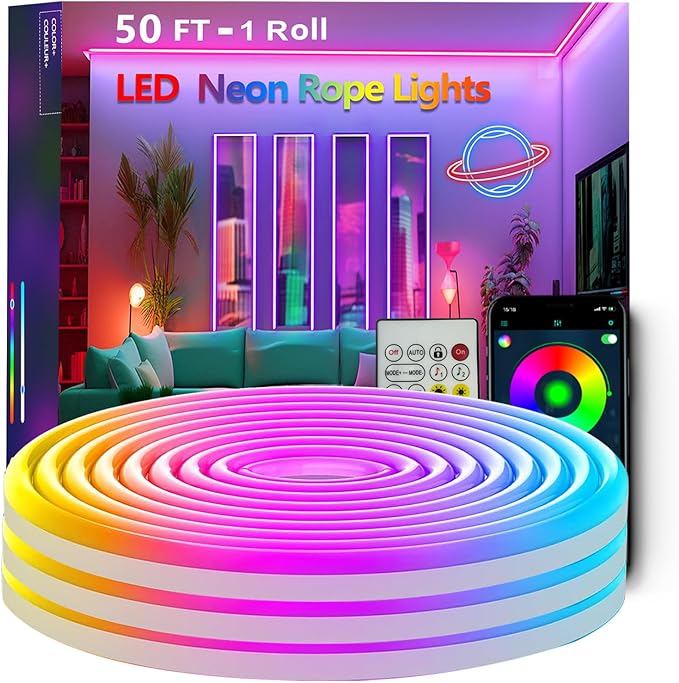 50FT Neon Rope Lights,Flexible Led Rope Light Control with App/Remote,Multiple Modes,Music Sync,IP65 Outdoor RGB Led Strip Lights Waterproof