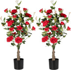 Artificial Rose Flower Trees 2 Pack- 38’’ Lifelike Plant in Pot with Red Flowers Decorative Rose Trees for Home, Office, Wedding, and Event Decor, Red