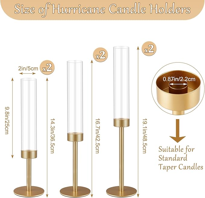 6Pcs Hurricane Glass Candle Holders Gold Candlestick Holders Taper Candle Holder with 9.8" Windproof Clear Cylinder Covers for Outdoor Indoor Tall Candle Stick Holder Decor for Wedding Party Fireplace