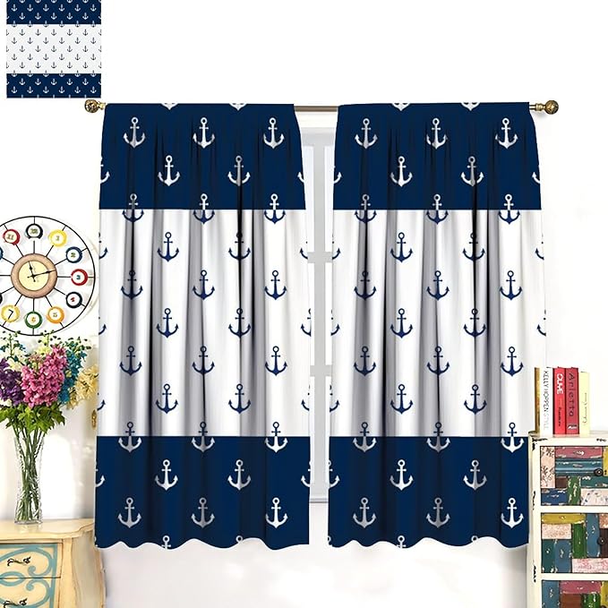 Anchor Pattern Curtains, Nautical Theme Navy Blue White Anchor Sea Life Adventure Print Blackout Window Treatments for Living Room Boys Men's Bedroom 42x54 Inch