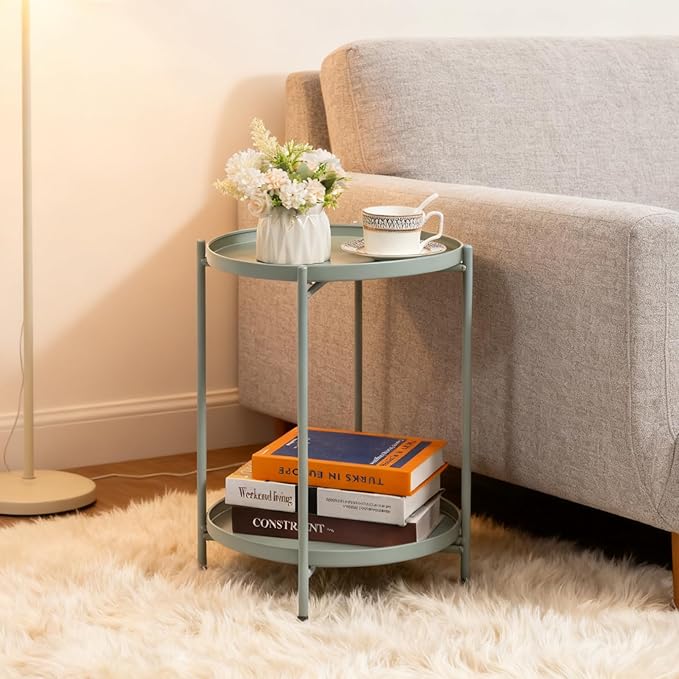 HollyHOME 2-Tier Round Side Table, Outdoor Small Folding Accent Stand with Removable Tray, Anti-Rust Metal Asional Table for Balcony Patio Living Room, Nightstand for Bedroom(Cyan Blue)