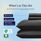 California Design Den Natural 100% Cotton Sheets, Soft Queen Sheet Set, 400 Thread Count Sateen, Deep Pockets with All-Around Elastic for a Snug Fit, Cool & Durable Bedding Set - Black