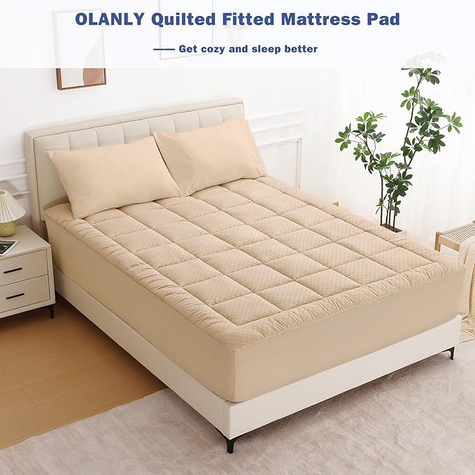 OLANLY Full Quilted Fitted Mattress Pad – Soft Pillow Top Mattress Topper, Down Alternative Fill, Cooling Comfort Breathable Mattress Cover, Machine Washable Deep Pocket Mattress Protector, Beige