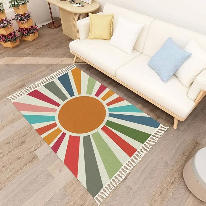 Retro Sun Boho Rug Colorful Cute Rainbow Area Carpet Non-Slip Throw Rugs Mat Pad Washable Floor Mat Minimalist Decor for Living Room Bedroom Kids Room Nursery Playroom Classroom Dorm 4'x6'