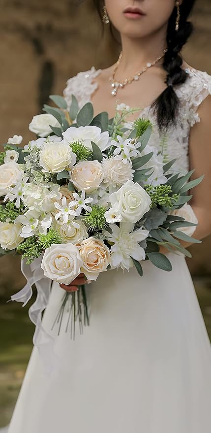 Artificial Flowers Combo Silk Mix Fake Flowers Leaf for DIY Wedding Bouquets Centerpieces Arrangements Party Baby Shower Home Decorations(Milk White)