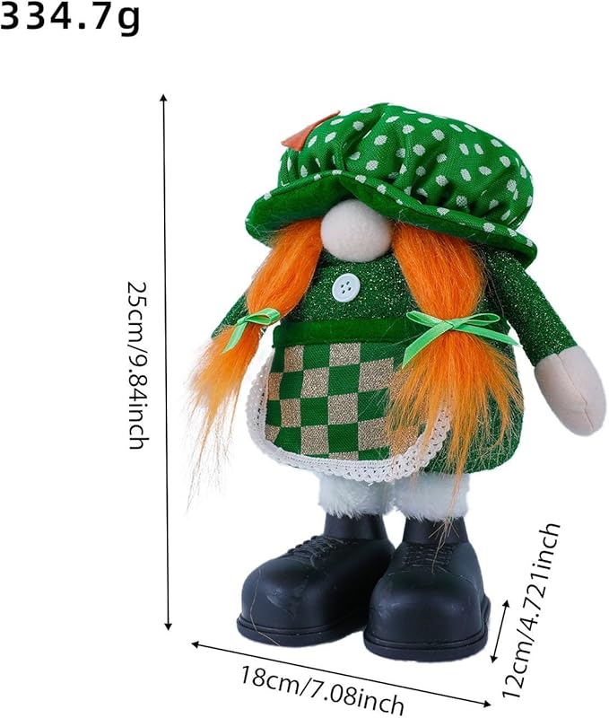 Standing St.Patrick's Day Gnome Plush Doll with Retractable Legs Nordic Scandinavian Swedish Dwarf Gnome Figurines Wearing Glitter Clothes & Black Boots Lucky Green Shamrock Irish Table Decor (A)