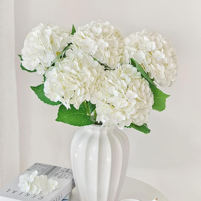 6 Pcs Real Touch White Hydrangea Artificial Flowers with Stems, Fake Silk Flowers for Outdoors, Artificial Flowers for Home Decor Wedding Bouquets Centerpieces Vase