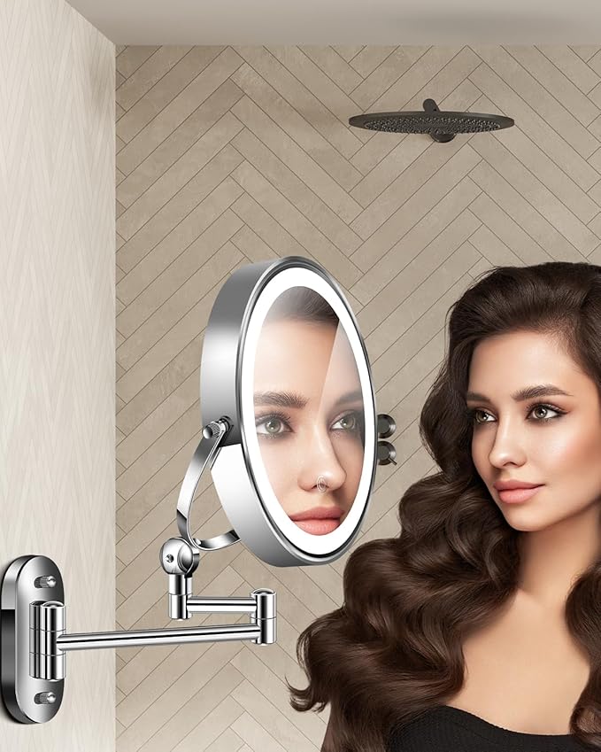 30X/1X Wall Mounted Lighted Makeup Mirror, 9'' Height Adjustable Double Sided 5000mAh Rechargeable Magnifying Bathroom Mirror with Light, 3 Color Modes Touch Dimmable Extended Arm 360 Rotation