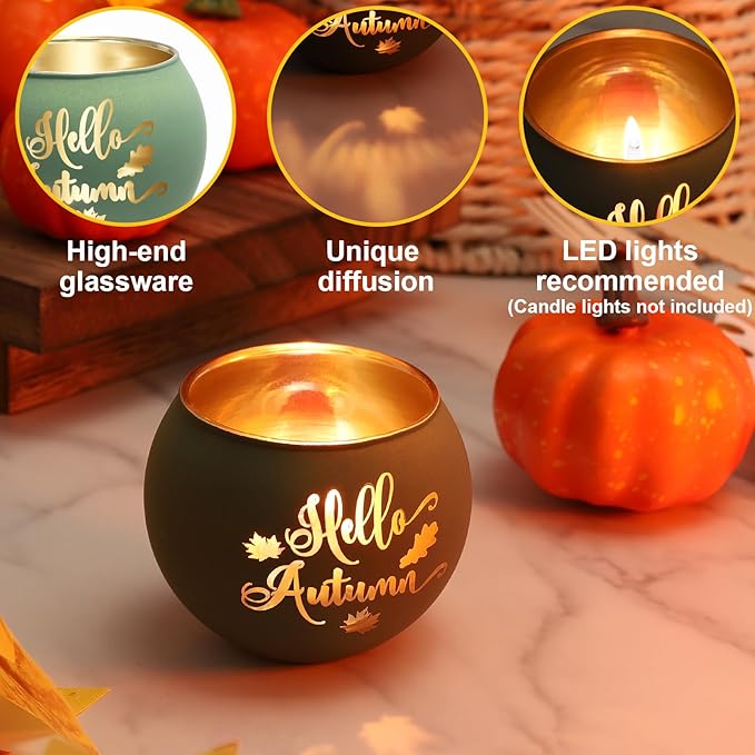 Set of 8 Fall Votive Candle Holder,Glass Tealight Holders with 6 Engraving Patterns,Thanksgiving Candlestick Holder for Home Wedding Table Centerpieces Decoration